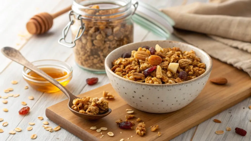 Crunchy granola clusters in a bowl