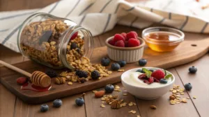 Vanilla Nut Granola Recipe-Jar of vanilla nut granola on a table
