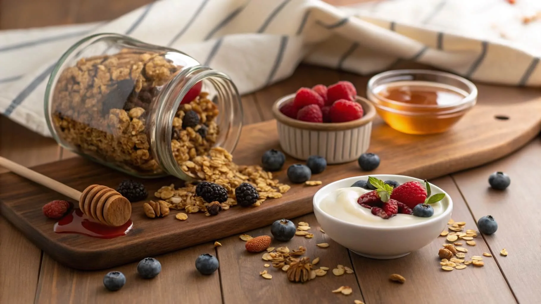 Vanilla Nut Granola Recipe-Jar of vanilla nut granola on a table