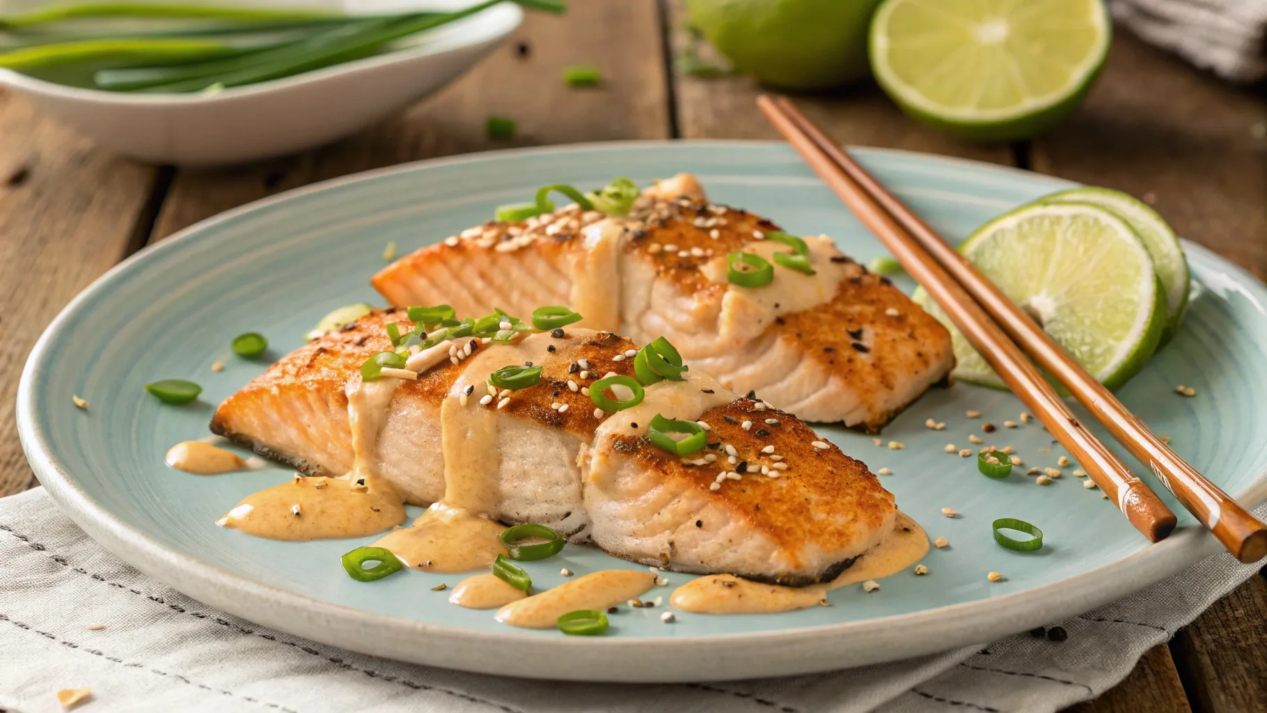 Bang Bang Salmon dish with creamy sauce and fresh garnishes