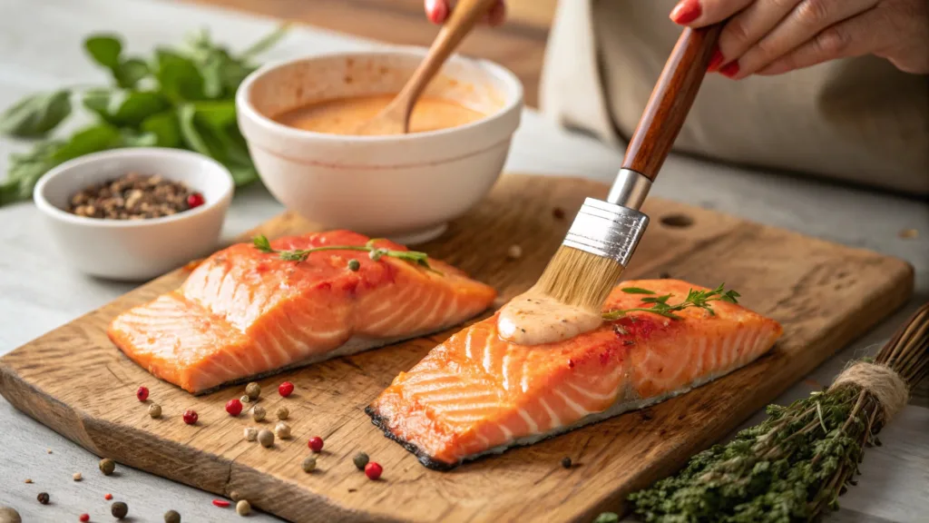 Close-up of hands brushing Bang Bang Sauce onto salmon fillets in a cozy kitchen.
