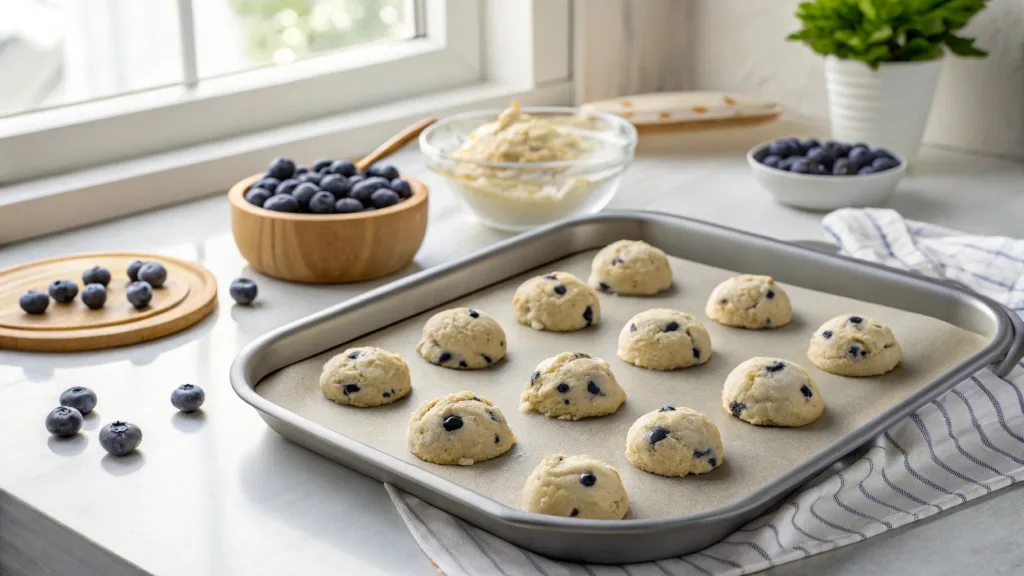 Portioned blueberry cheesecake cookie dough on a baking sheet, ready to be baked in the oven