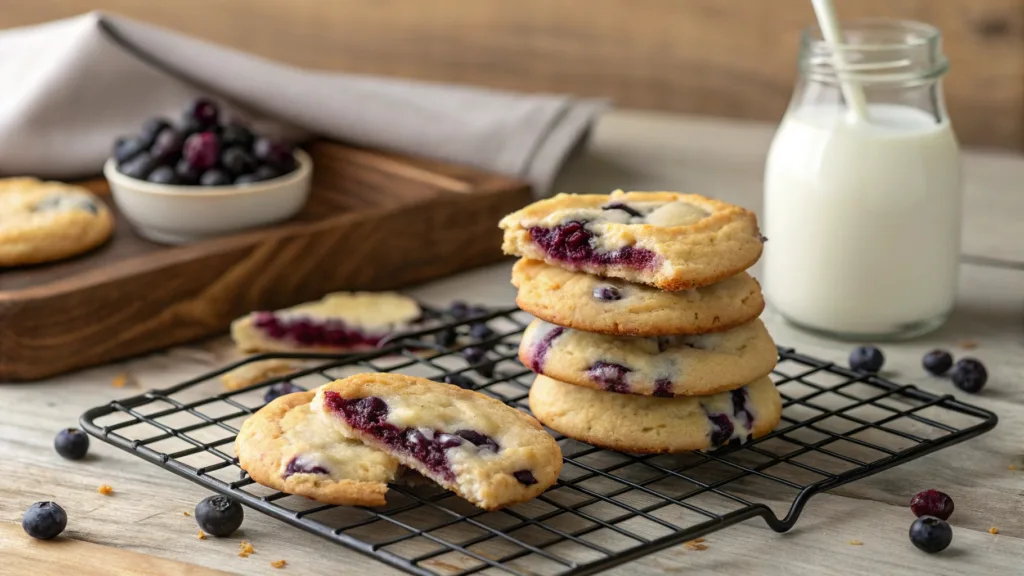 Stacked blueberry cheesecake cookies on a cooling rack with a glass of milk in the background