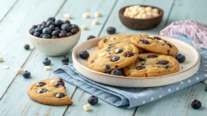 Soft and chewy blueberry cheesecake cookies with dried blueberries and white chocolate chips on a rustic table