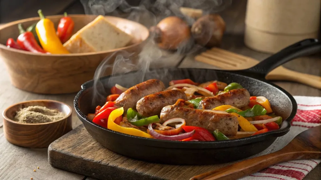 Classic Italian Sausage Recipes: Sizzling sausage with peppers and onions in a rustic kitchen