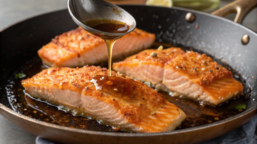 Cooking Bang Bang Salmon in a skillet with creamy sauce.
