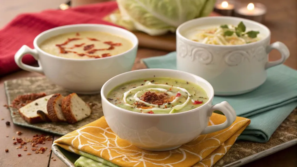 Three variations of cabbage soup: classic, spicy, and creamy vegan, each showcasing unique flavors.