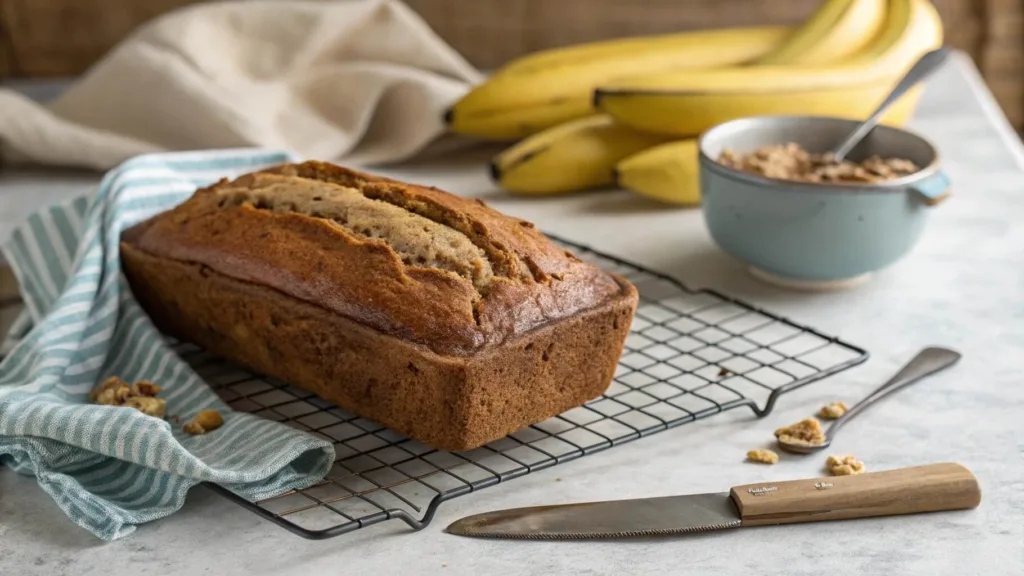 Fresh sourdough banana bread cooling on a wire rack