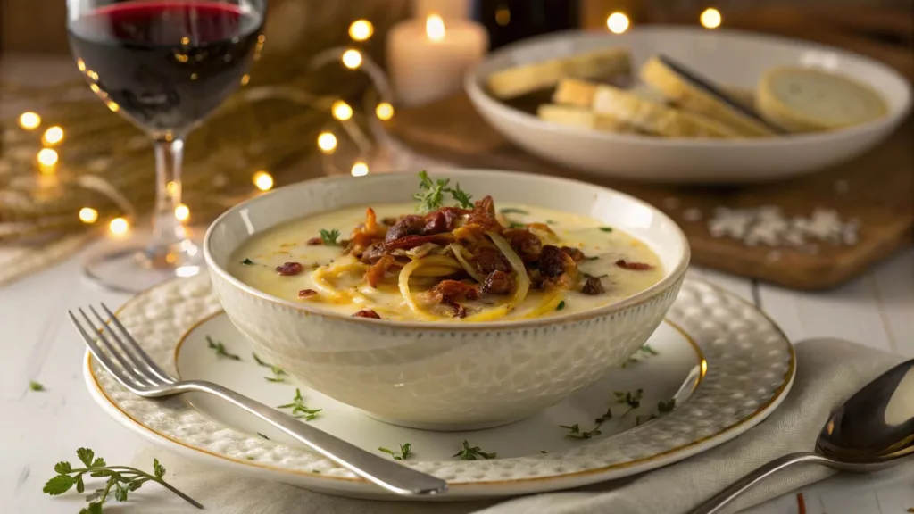Gourmet loaded baked potato soup with truffle oil, smoked Gouda, and caramelized onions.