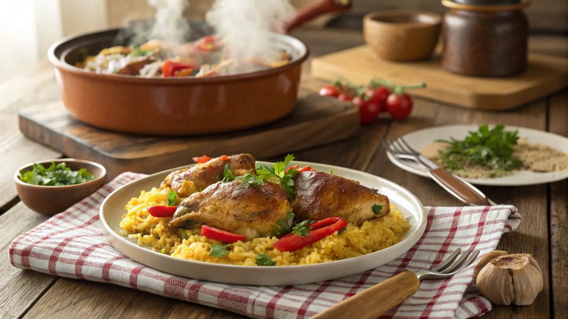 Old-fashioned baked chicken with rice and pimentos served on a rustic dining table
