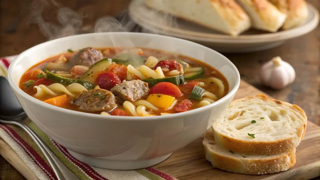 Bowl of soup with sausage, vegetables, and pasta