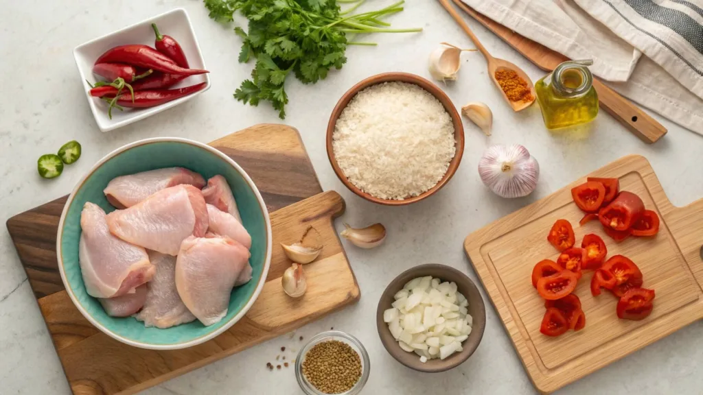 Ingredients for old-fashioned baked chicken with rice and pimentos recipe