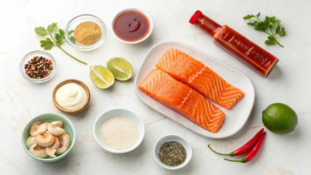 Ingredients for Bang Bang Salmon recipe displayed on a white surface