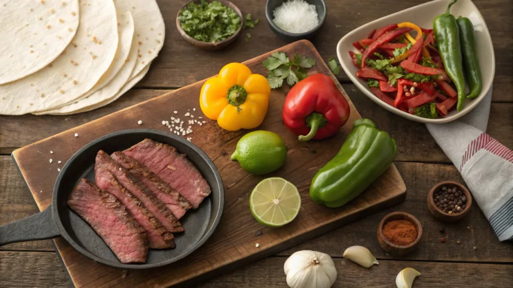 Fresh ingredients for steak fajitas, including flank steak, colorful bell peppers, onions, and lime.