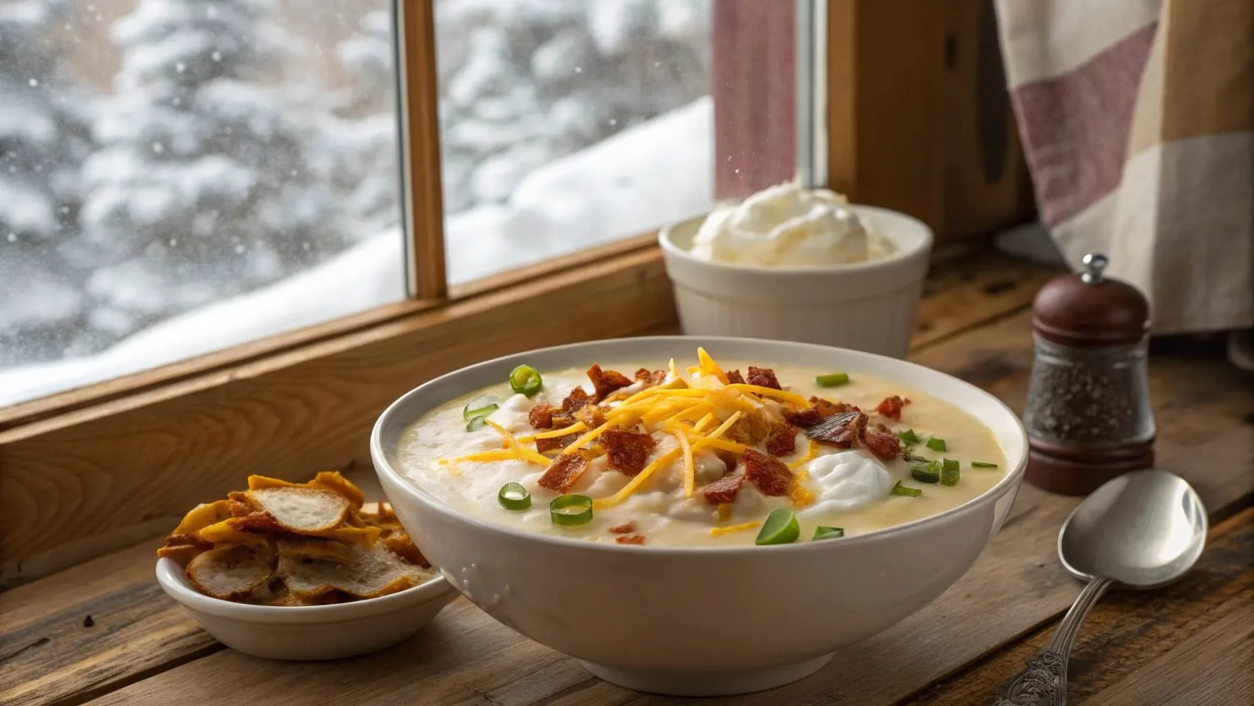 Steaming bowl of loaded baked potato soup with bacon, cheese, and sour cream on a rustic table.