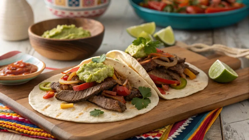 Assembled steak fajitas on tortillas with sautéed vegetables and fresh toppings