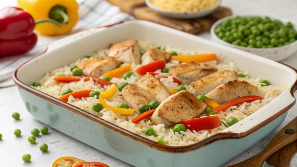 Oven-ready old-fashioned baked chicken with rice and pimentos casserole