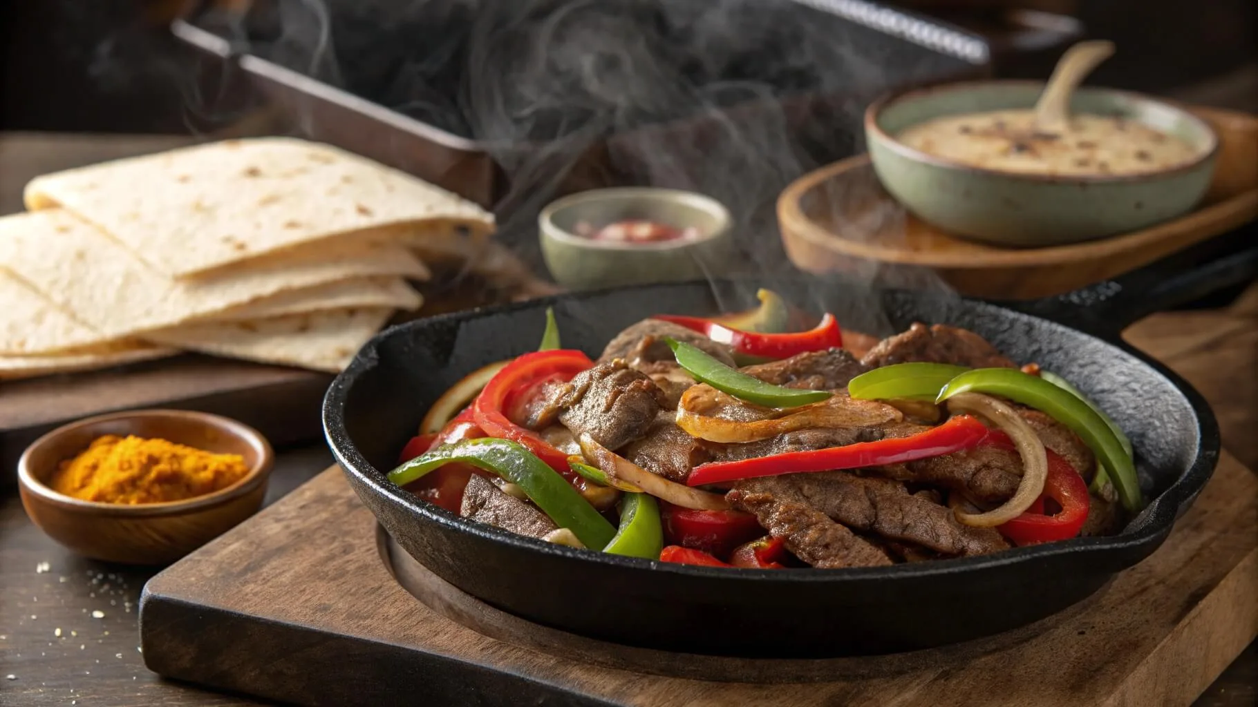 Sizzling steak fajitas in a skillet with colorful bell peppers and onions