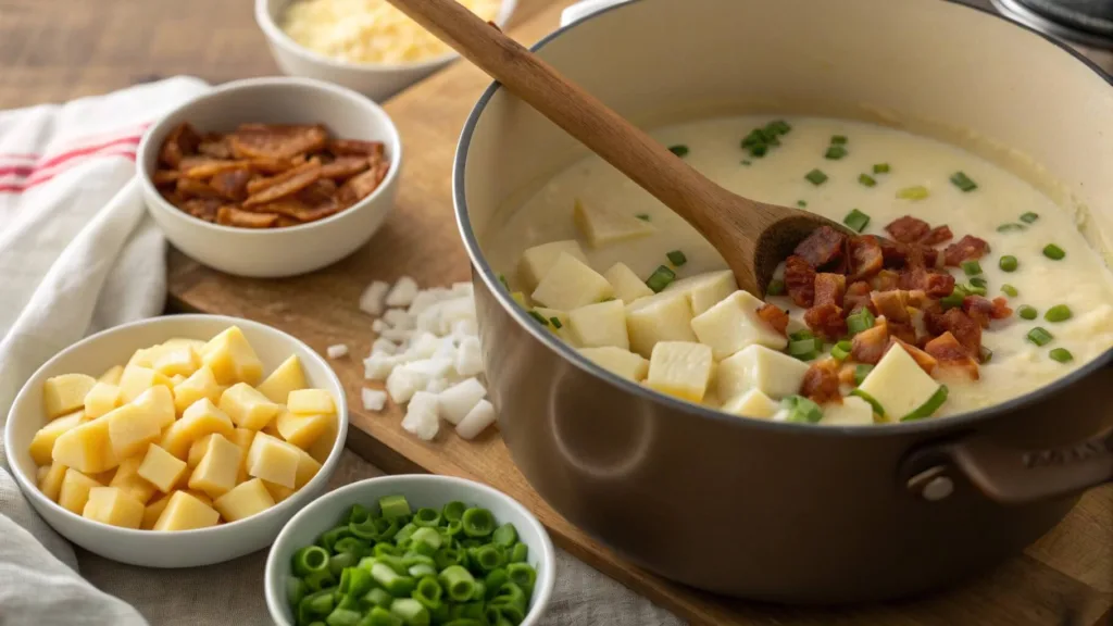 Loaded baked potato soup ingredients and preparation with fresh toppings arranged on a counter