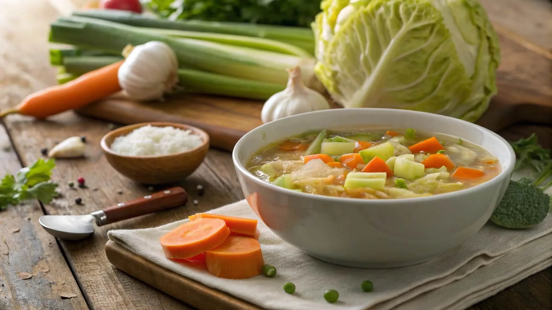 A nutritious bowl of cabbage soup with fresh vegetables like cabbage, carrots, and celery.