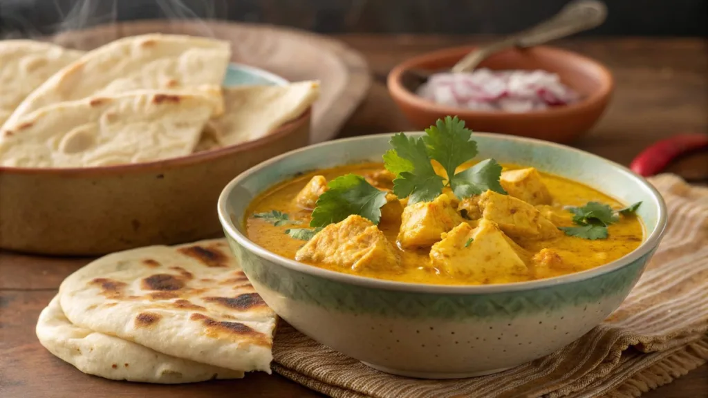 Creamy chicken curry with naan bread