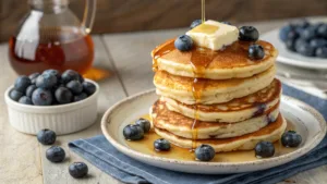 Fluffy sourdough discard pancakes with maple syrup and blueberries.