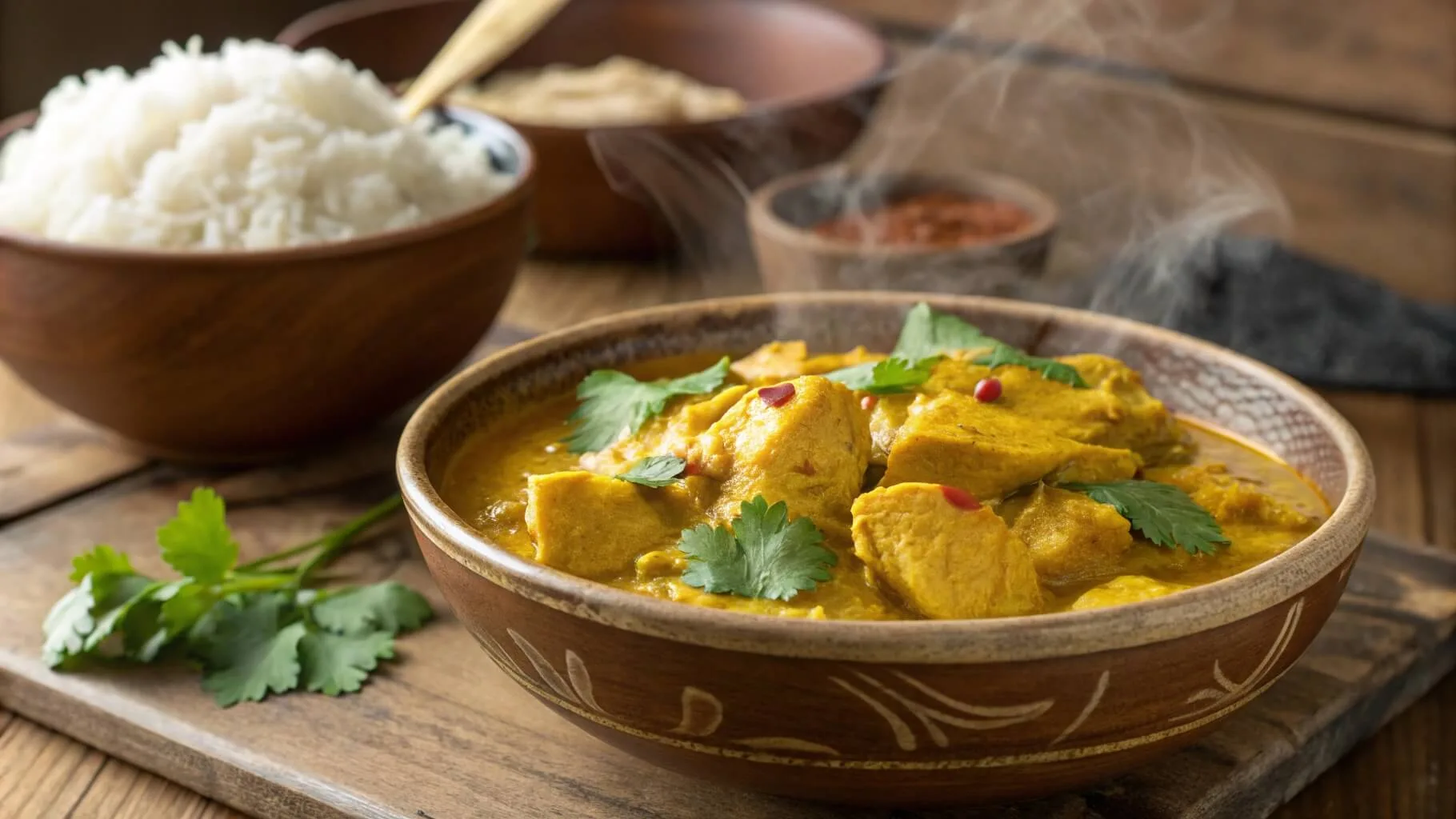 Golden turmeric chicken curry garnished with cilantro