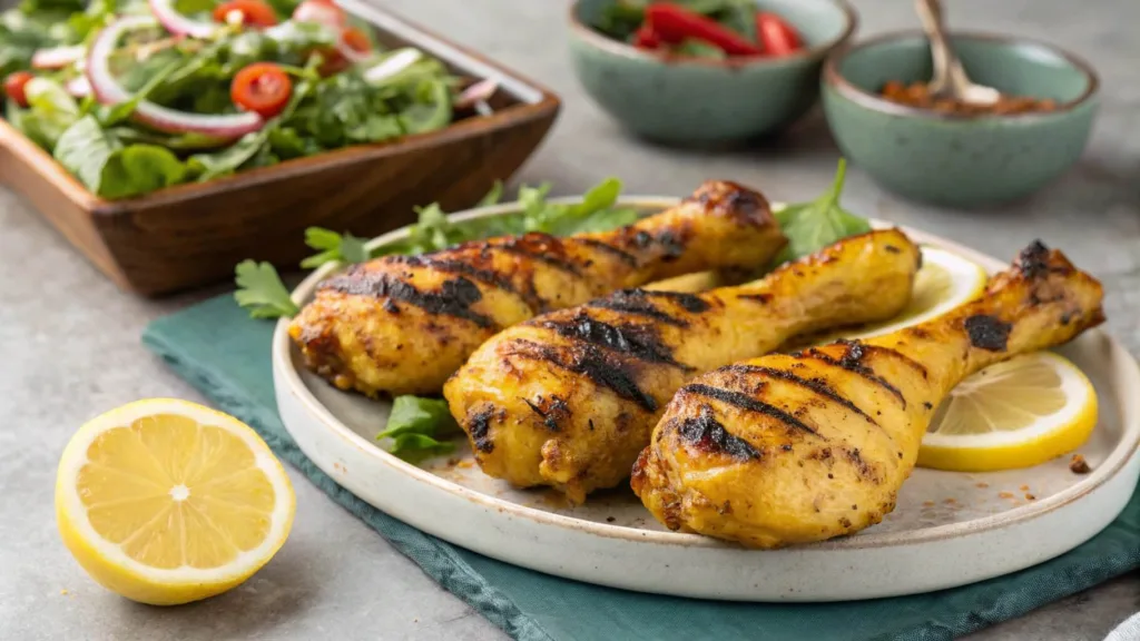 Grilled turmeric chicken drumsticks with salad