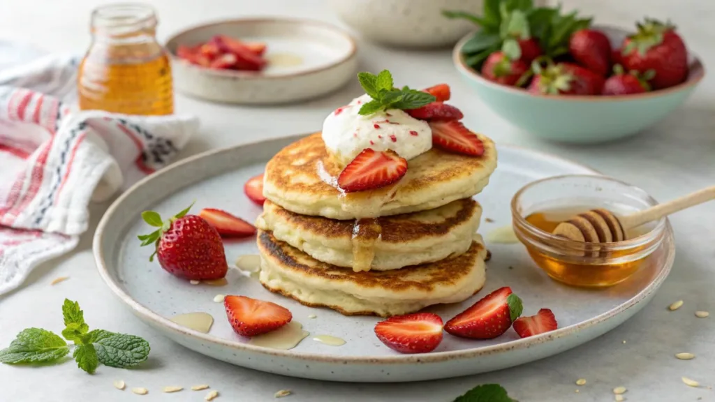 Healthy sourdough pancakes with yogurt and fresh fruit.