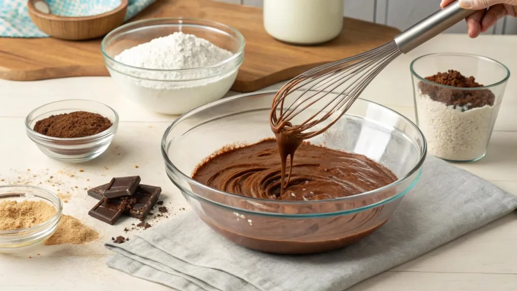 Mixing Sourdough Chocolate Cake Batter in a Bowl