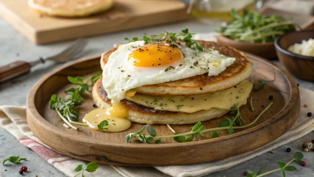 Savory sourdough pancake with fried egg and cheese.