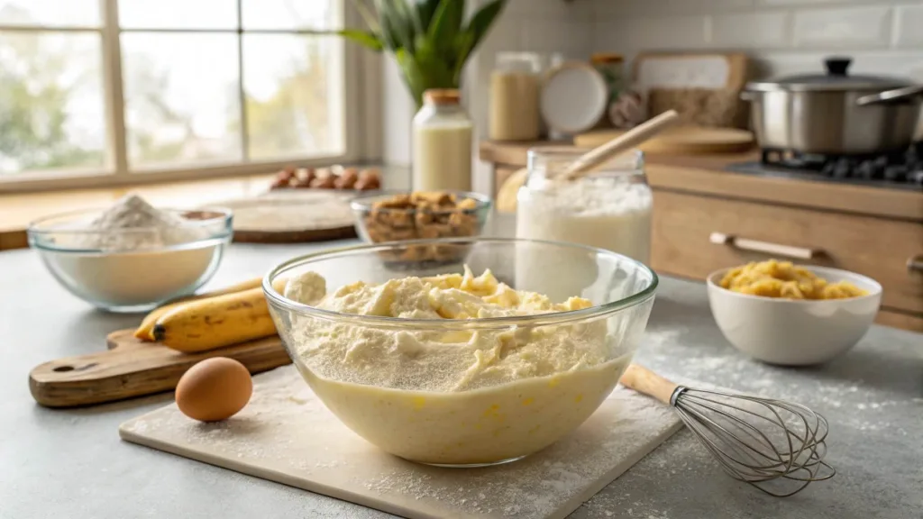Mixing sourdough banana bread batter in a bowl