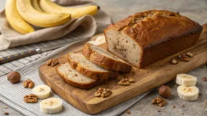 Freshly baked sourdough banana bread sliced on a wooden board