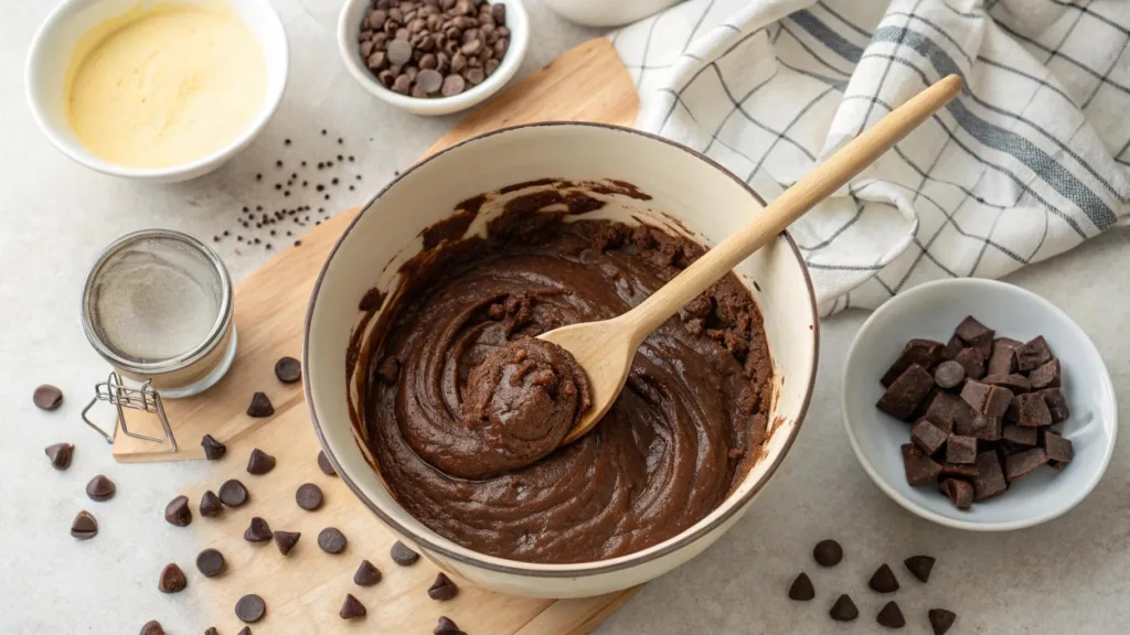 Sourdough brownie batter being mixed with wooden spoon
