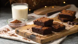 Close-up of freshly baked sourdough brownies with cocoa dusting