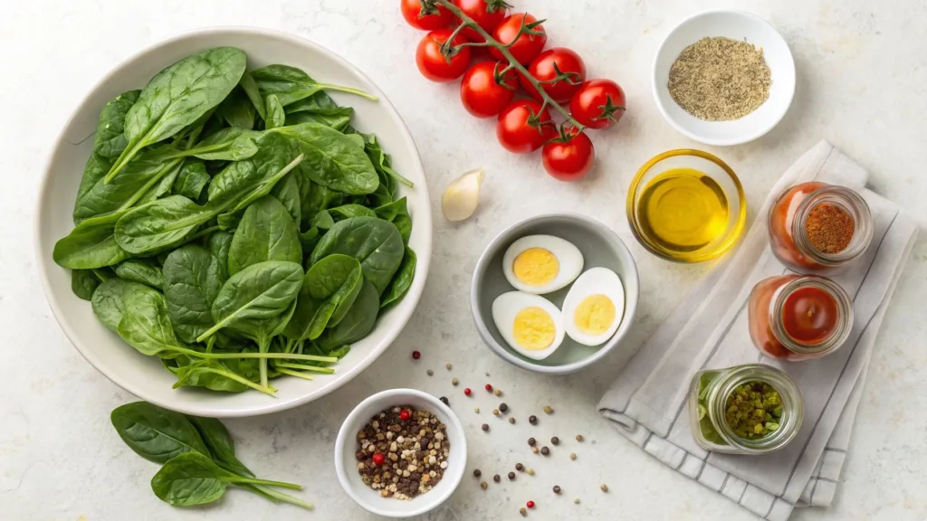 Fresh spinach and boiled eggs for salad ingredients