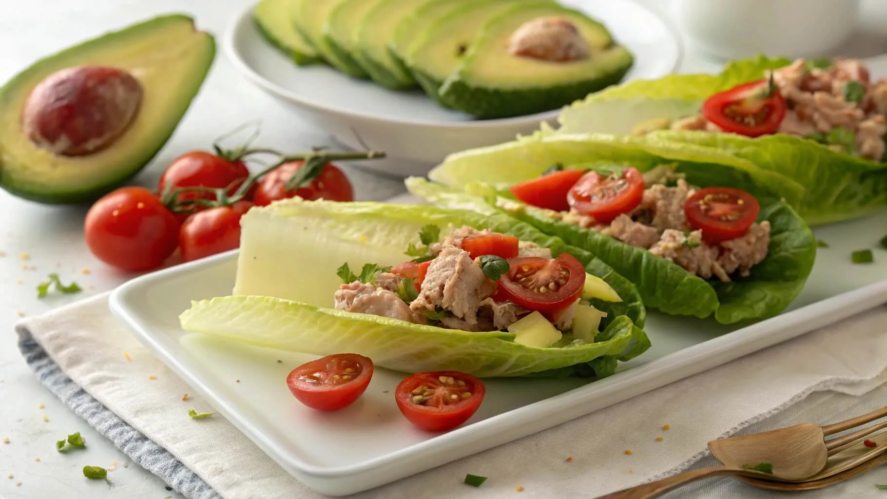 Freshly made tuna salad lettuce wraps with avocado and tomatoes