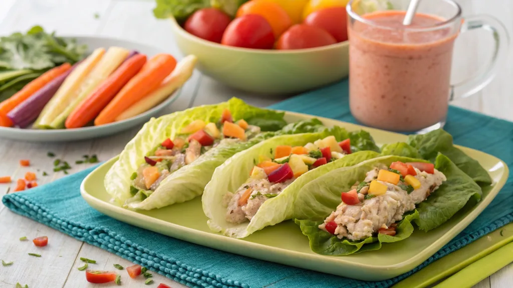 Tuna salad lettuce wraps with healthy side dishes