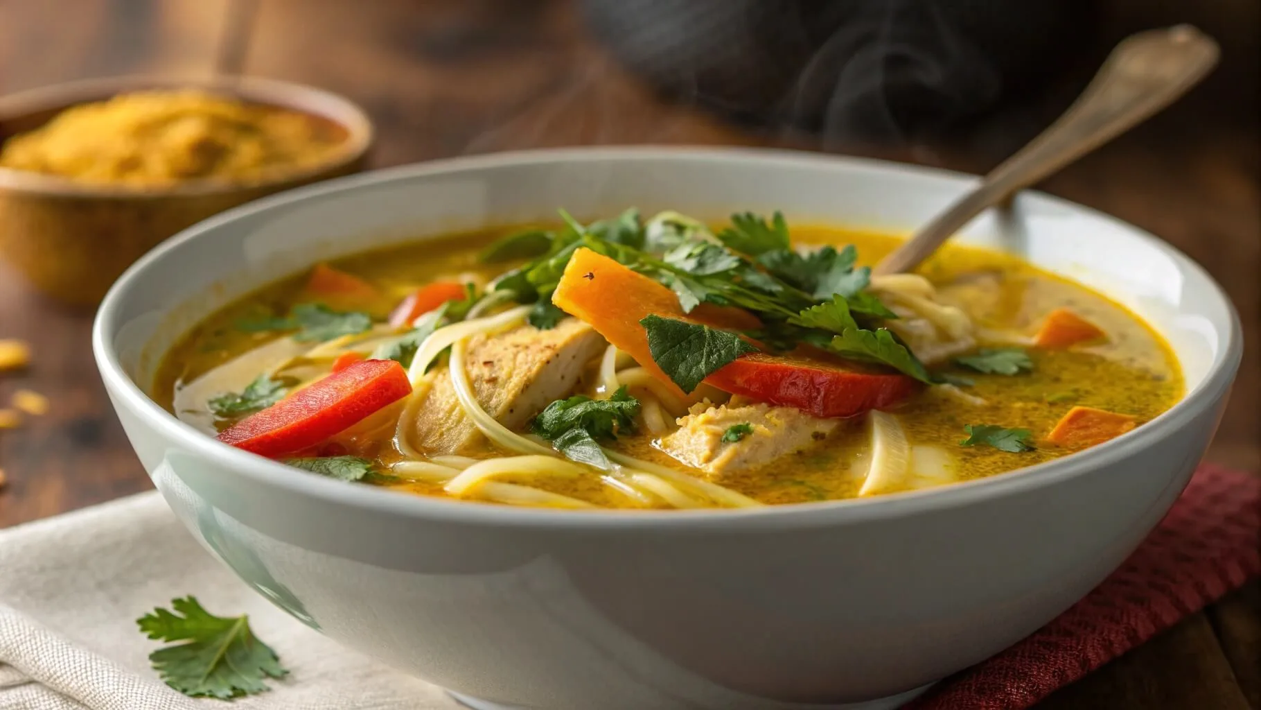 Turmeric chicken noodle soup in a rustic bowl with herbs