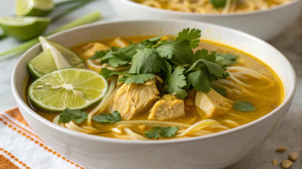 Turmeric chicken noodle soup with garnishes