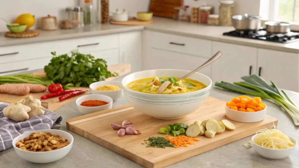 Ingredients for turmeric chicken noodle soup recipe
