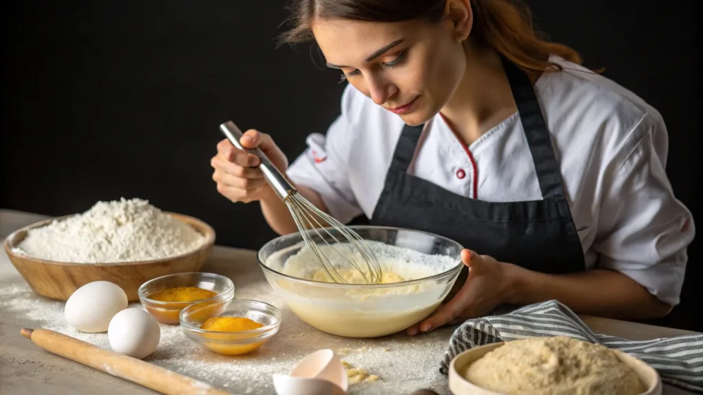 Whisking sourdough discard pancake batter with fresh ingredients