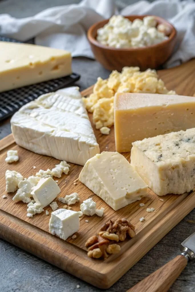 a-variety-of-cheeses-displayed-on-a-wooden-board
